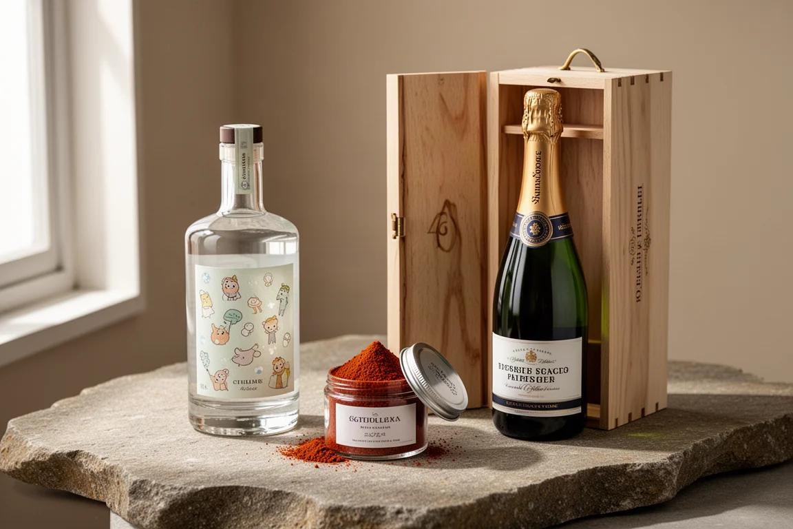 Gin bottle, spice tub, and sparkling wine bottle arranged on a stone surface