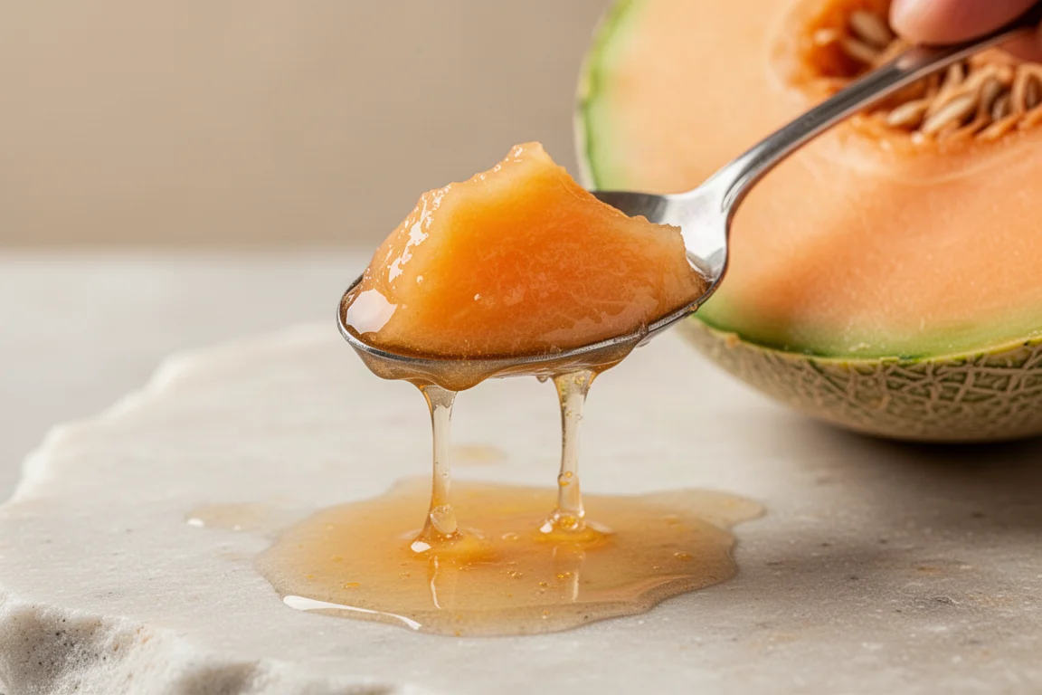 Ein Löffel hebt saftiges, orangefarbenes Melonenfruchtfleisch aus einer angeschnittenen Melone