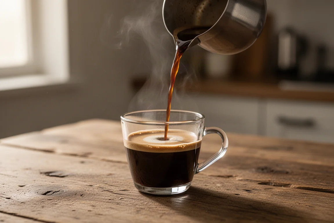 Kaffee wird in eine kleine Glastasse auf einem rustikalen Tisch gegossen
