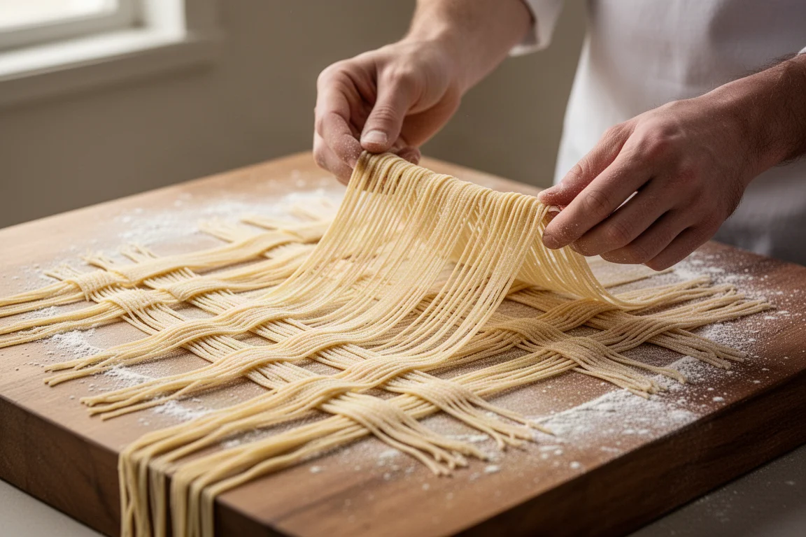 Hände trennen feine Fäden handgewebter Pasta über einem mehlbestäubten Brett