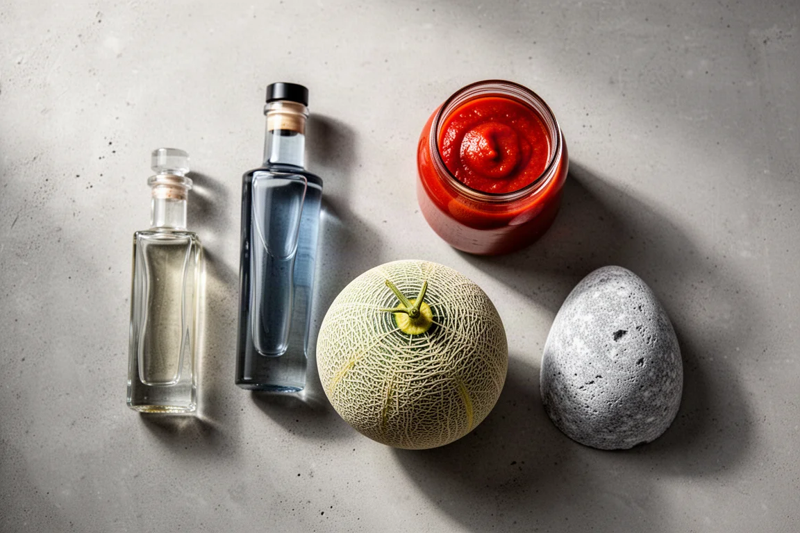 Four gourmet products including pasta box, powder pouch, pistachio cream jar, and hot sauce bottle on concrete