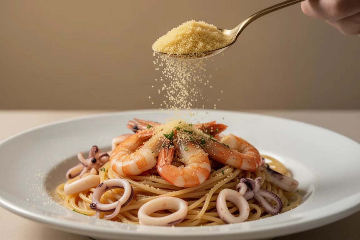 Seafood pasta dish finished with a dusting of golden roe powder
