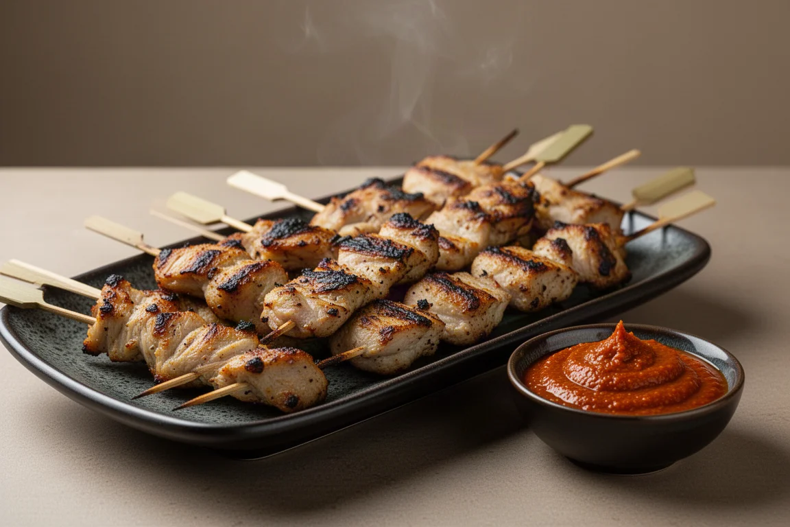 Grilled chicken skewers on a platter with a bowl of red chilli paste
