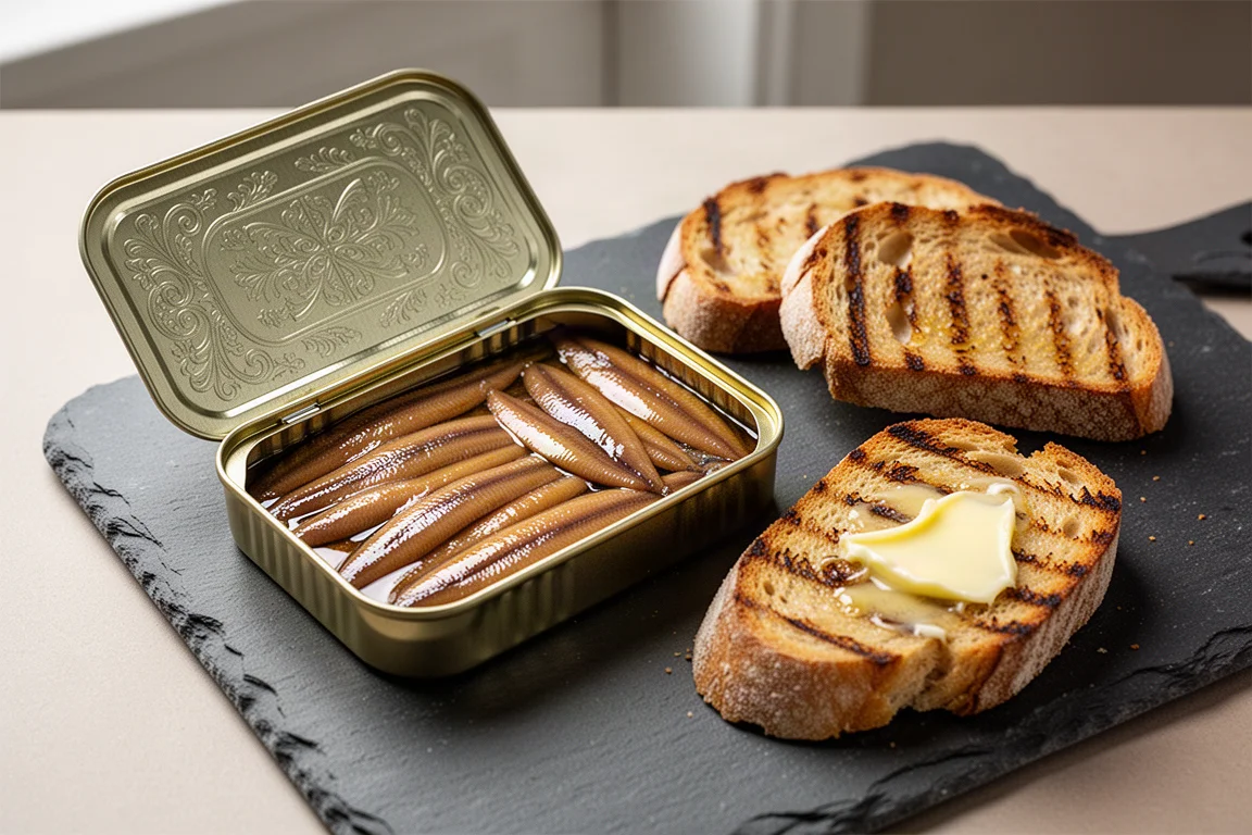 Tin of golden anchovy fillets beside slices of griddled bread with butter
