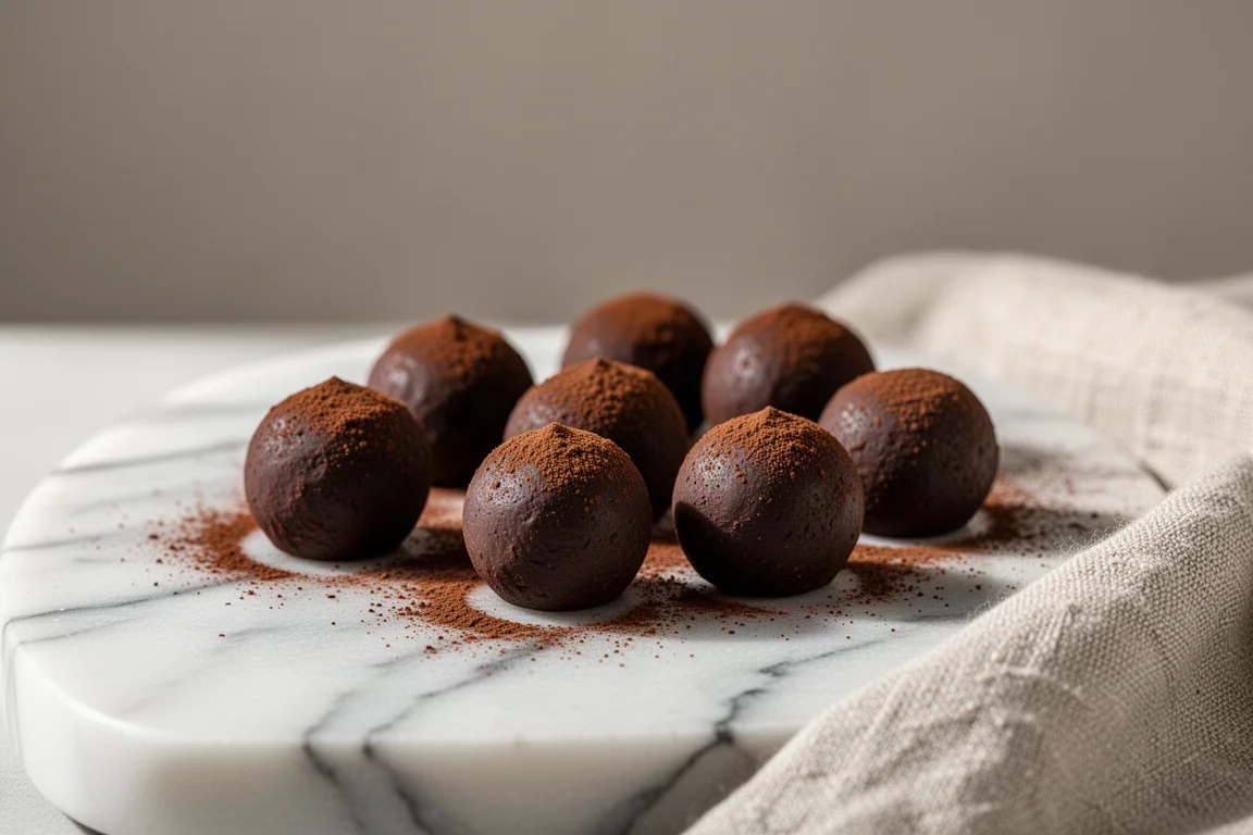 Dark chocolate truffles dusted with cocoa powder on a marble surface
