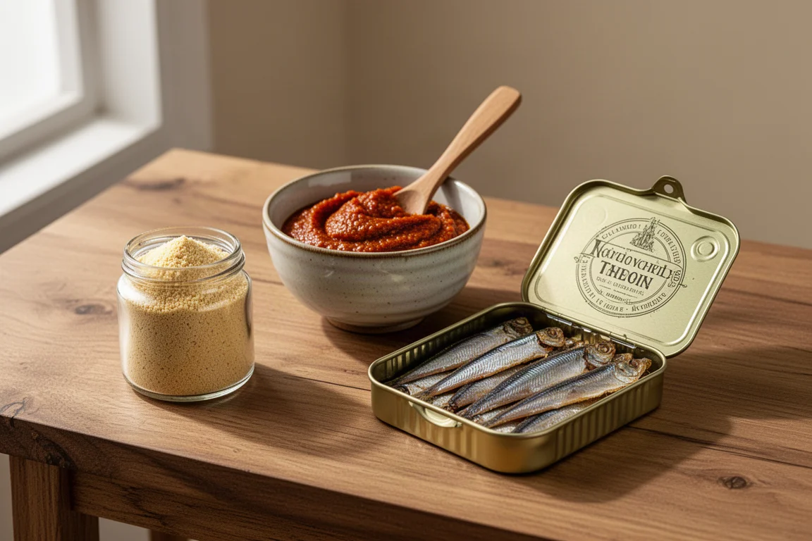 Jars and tins of three gourmet ingredients arranged on an oak surface