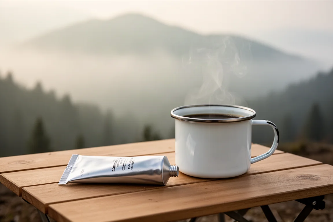 Tubo di alluminio con caffè accanto a una tazza fumante su un tavolo da campeggio all'aperto
