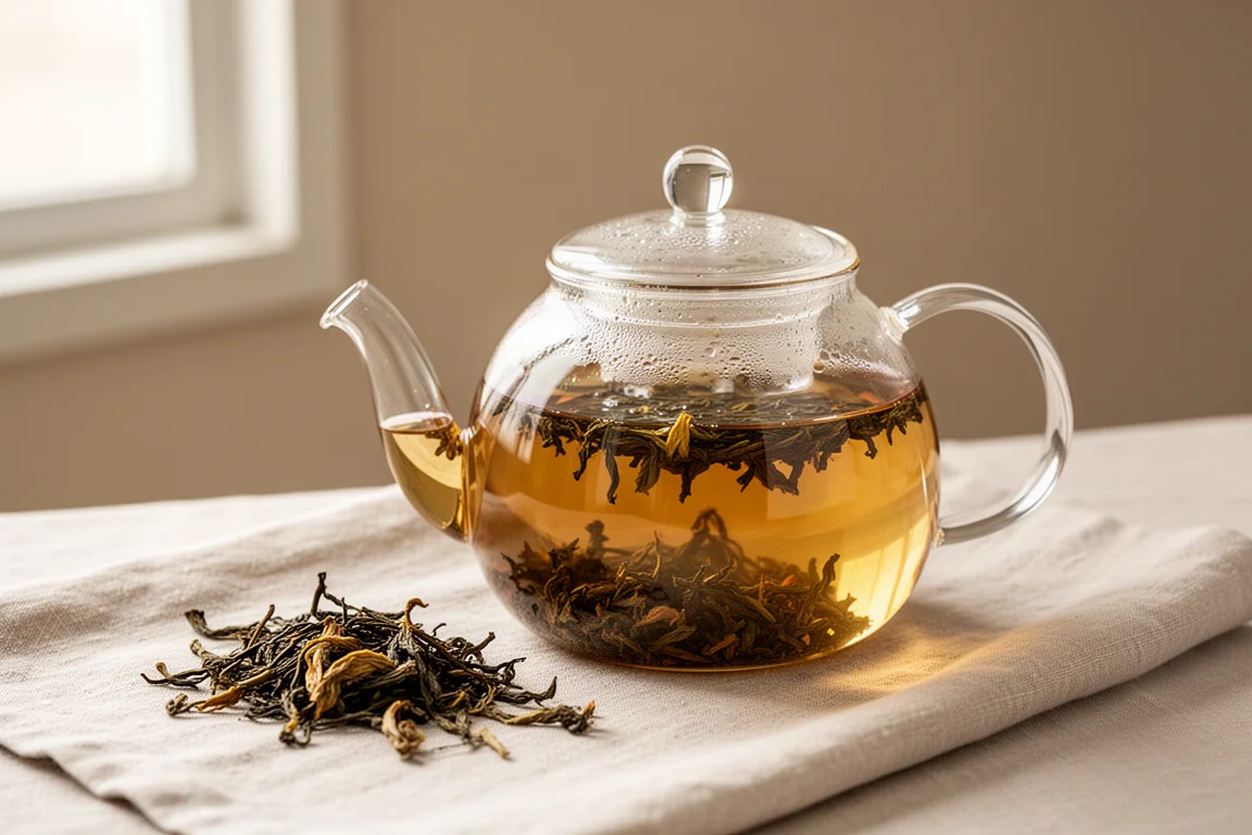 Foglie di tè sfuse in infusione in una teiera di vetro con liquido dorato