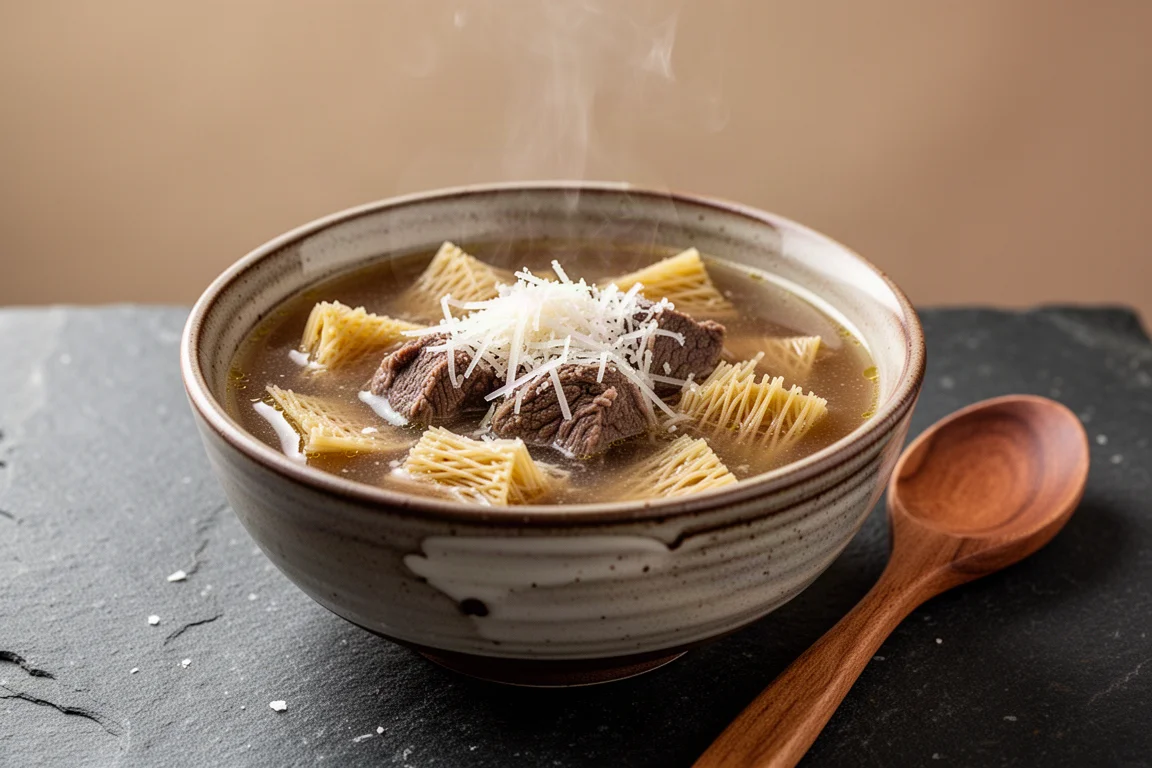 Frammenti di pasta intrecciata finissima serviti in un ricco brodo di montone con formaggio grattugiato