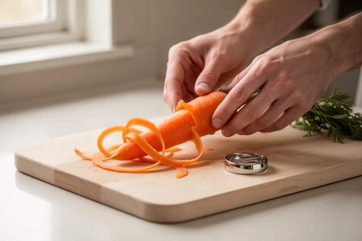 Hands peeling vegetables over a wooden board with a small steel peeler
