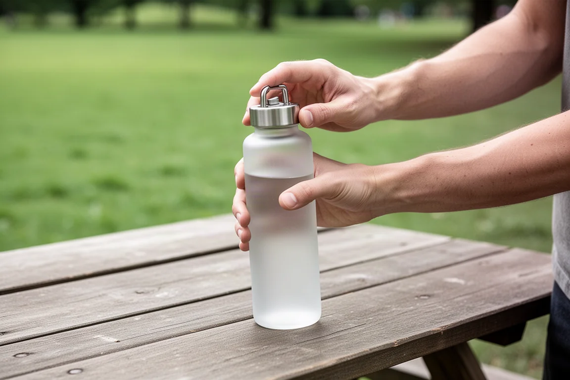 Person shaking a compact water bottle on a picnic table outdoors