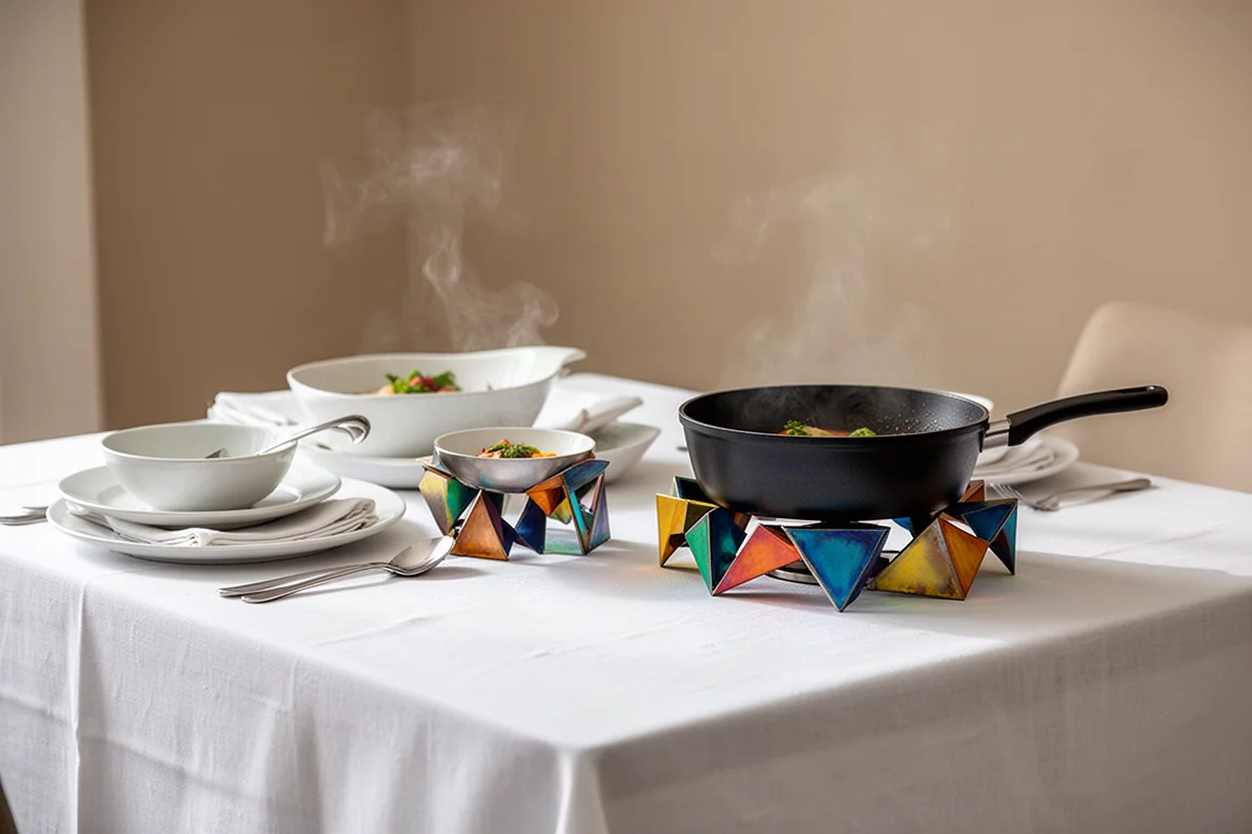 Colorful geometric trivets under hot pans on a set dining table