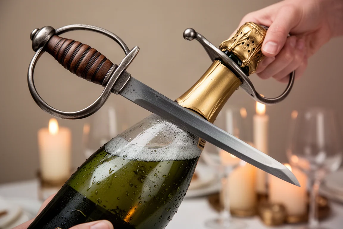 Champagne saber sliding along a chilled bottle seam in warm light