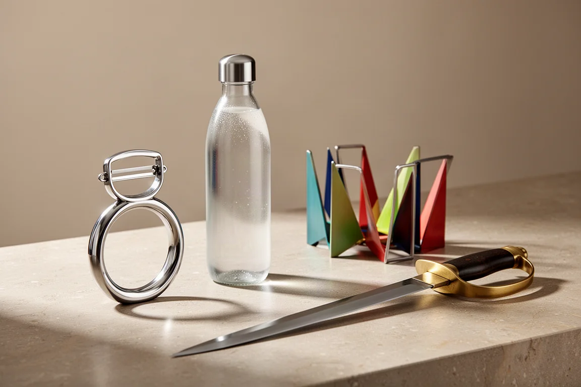 Four design-led kitchen objects including a peeler, soda maker, trivets and saber on a stone worktop