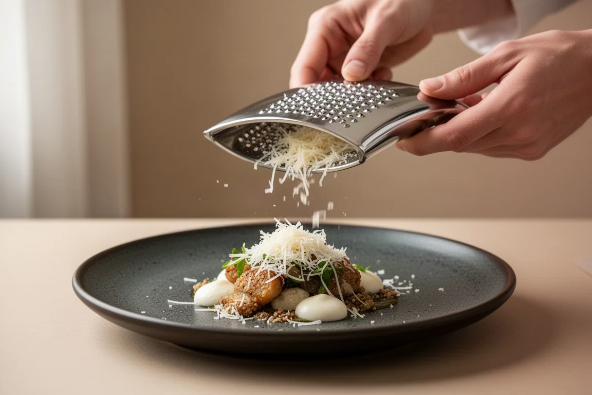 Sculptural grater being held over a beautifully plated dish