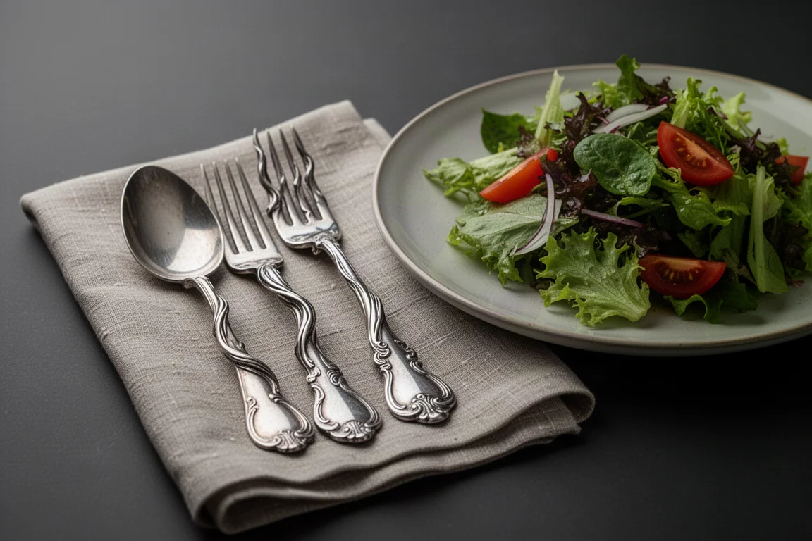 Distorted warped cutlery set arranged on a table beside a plated dish