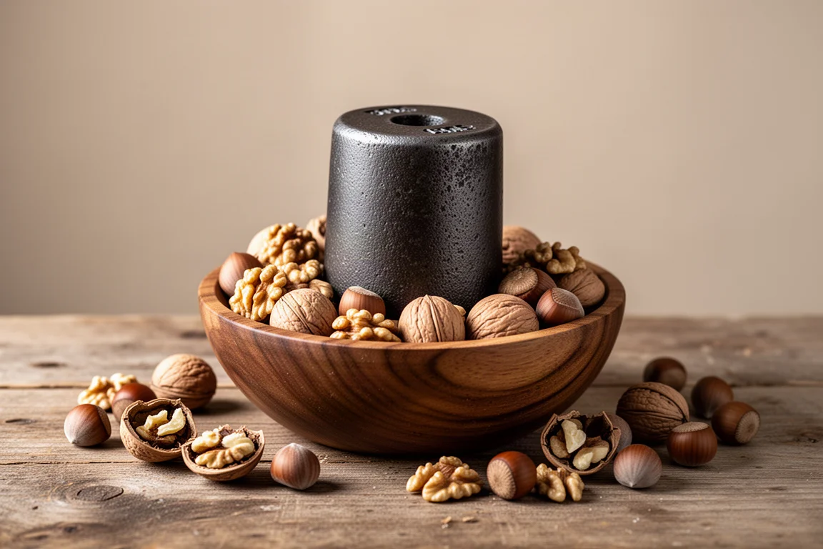 Cast iron weight resting in a bowl of mixed nuts on a wooden table