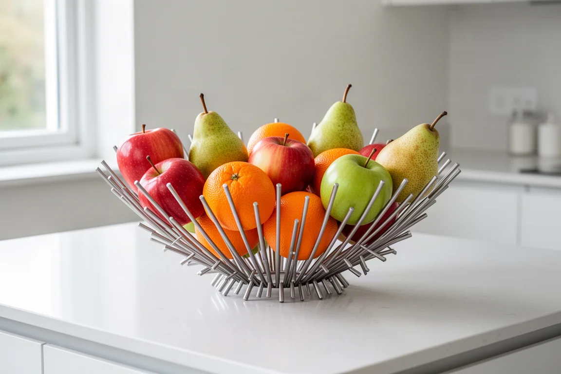 Kitchen worktop fruit display with fruit balanced on outward-pointing metal prongs