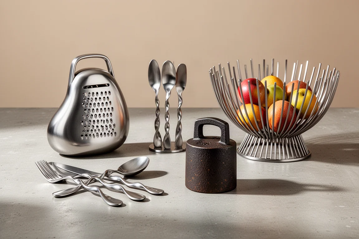 Four designer kitchen objects arranged on a concrete surface