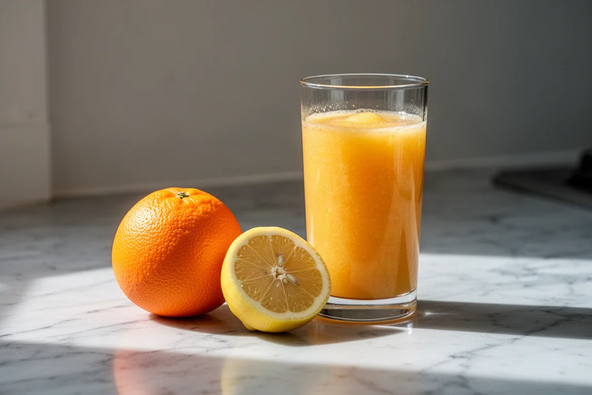 Fresh citrus fruit and a glass of juice arranged on a marble kitchen counter