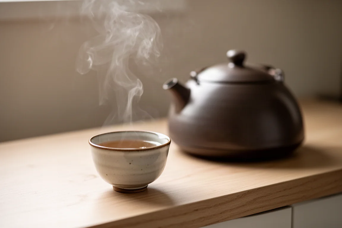 A calm tea ritual scene with a rounded kettle silhouette by soft window light