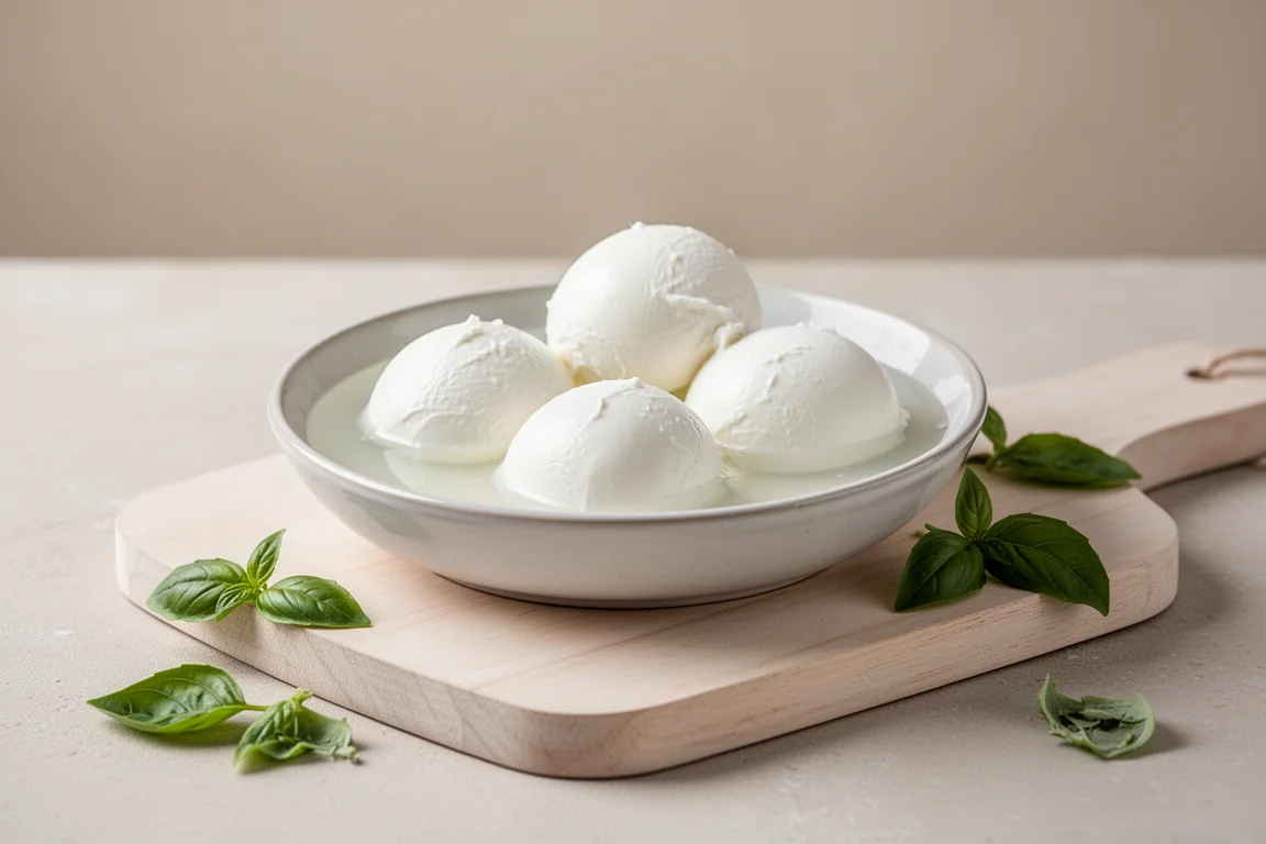 Fresh mozzarella balls in whey on a serving board with torn basil