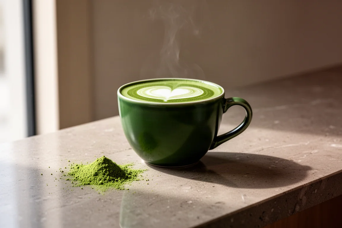 Vivid green matcha latte in a ceramic cup on a stone countertop
