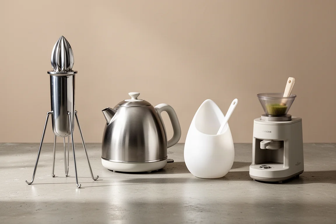Four sculptural kitchen gadgets arranged in a row on a concrete surface