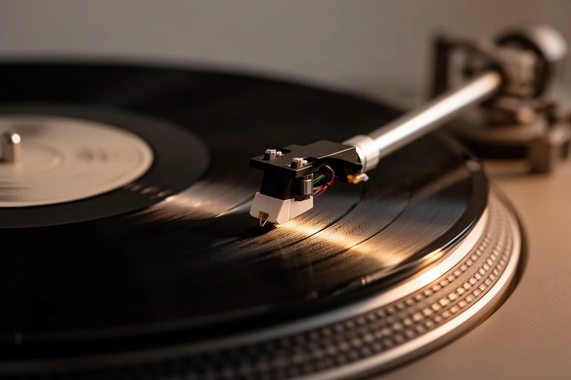 Nahaufnahme eines Tonabnehmers, der bei warmem Lampenlicht eine drehende Vinylplatte abtastet