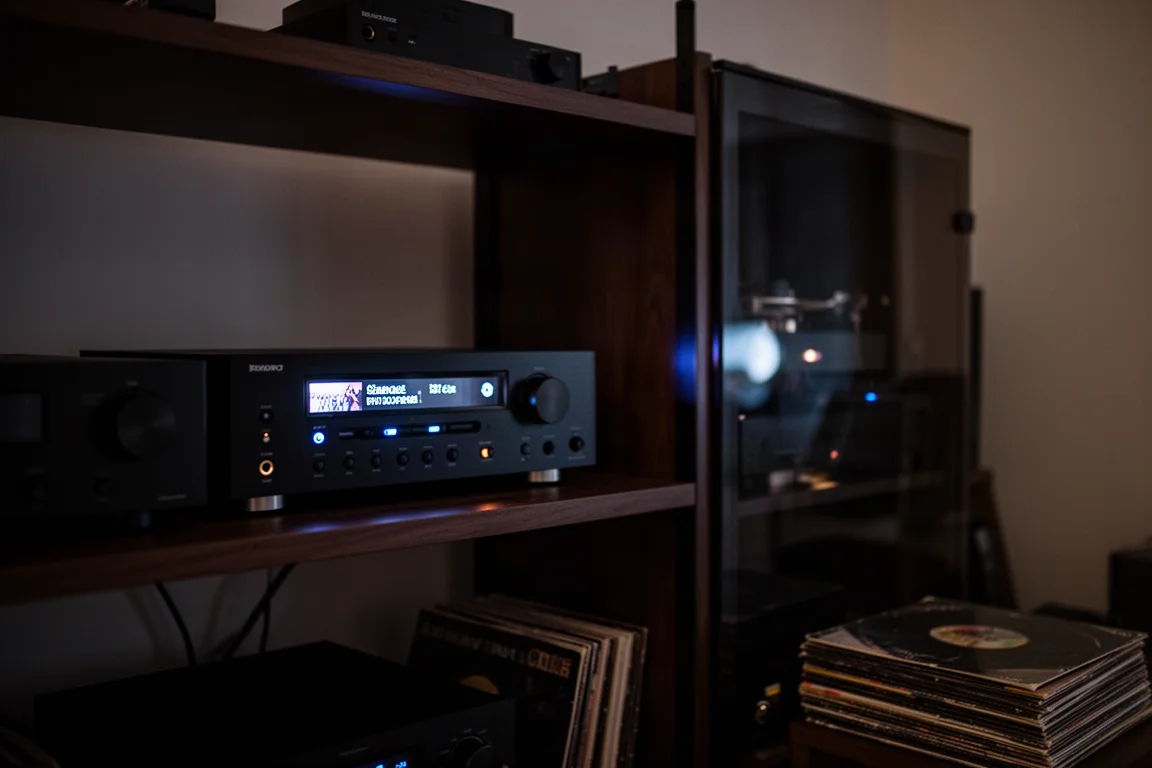 Streamer-Display, das nachts sanft leuchtet, mit Spiegelungen auf dunklem Schrankglas