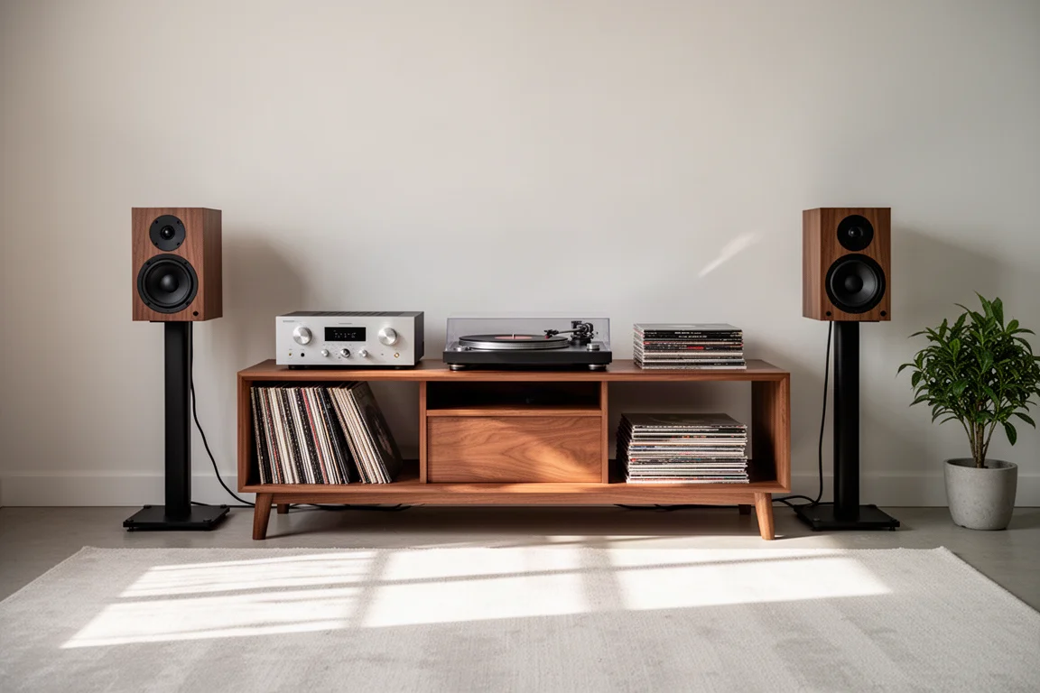 Hi-Fi-Regal im Wohnzimmer mit Verstärker, Plattenspieler, Lautsprechern und Vinylplatten