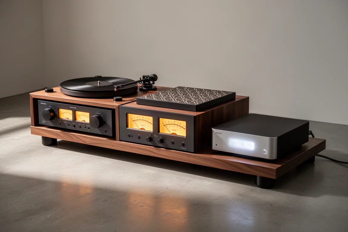 Integrated amplifier, turntable and streamer arranged on a walnut hi-fi rack in warm light