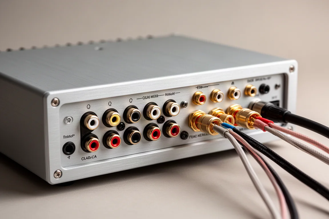 RCA 단자와 스피커 바인딩 포스트가 있는 소형 앰프 후면 패널 클로즈업