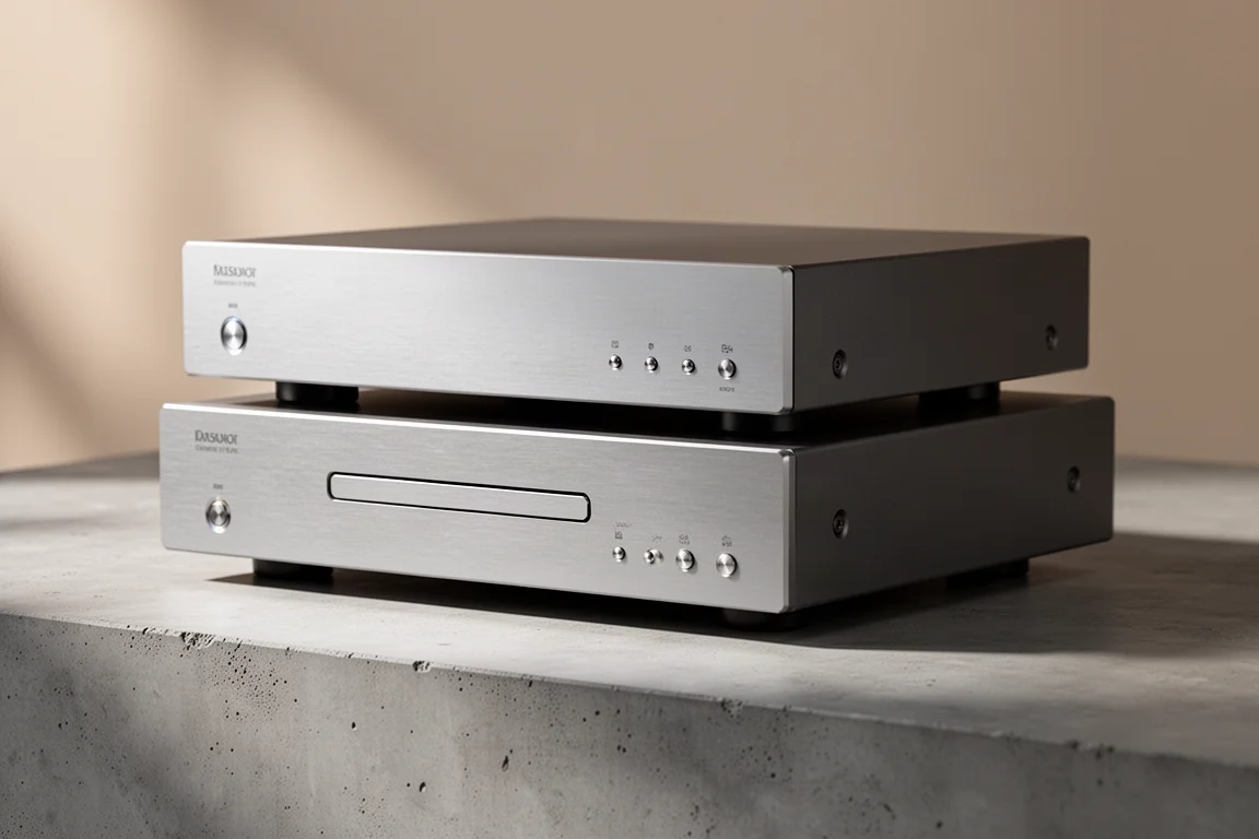 Two slim silver hi-fi components stacked on a concrete surface