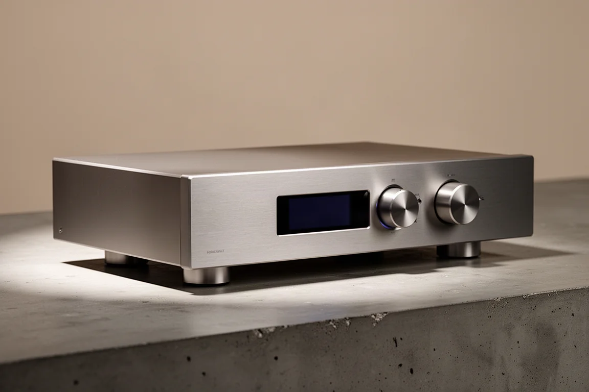 Slim titanium integrated amplifier with machined knobs on a concrete surface
