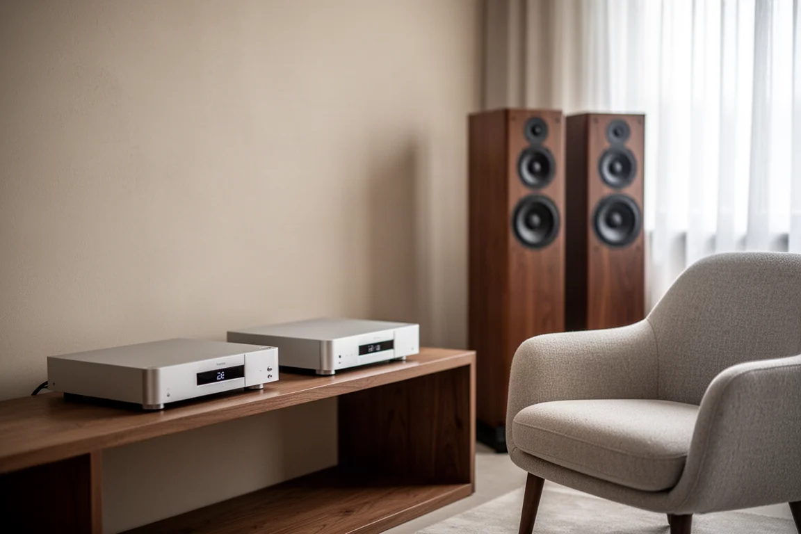 Minimalistiskt lyssningsrum med smala silverfärgade hi-fi-komponenter på en låg trähylsa