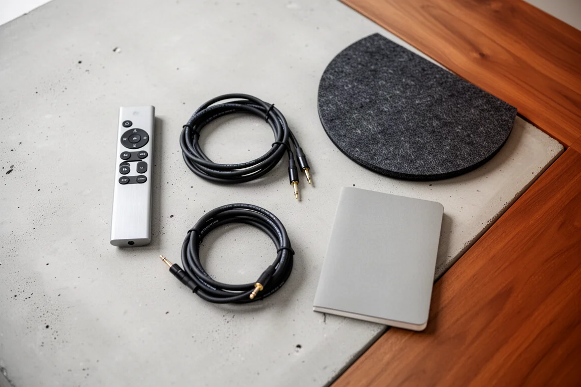 Platt layout av hi-fi-tillbehör inklusive fjärrkontroll, kablar och en skivtallriksmatta