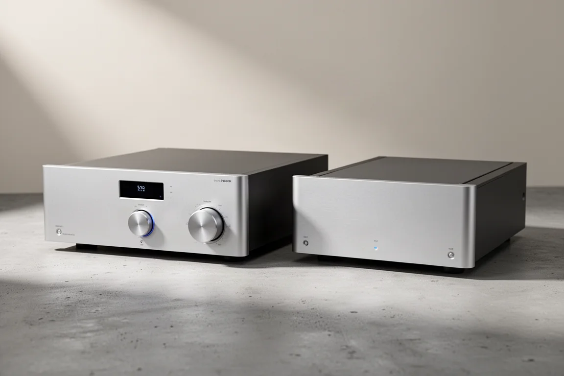 Primare PR35 Prisma preamp and A35.2 power amplifier on a matte concrete surface