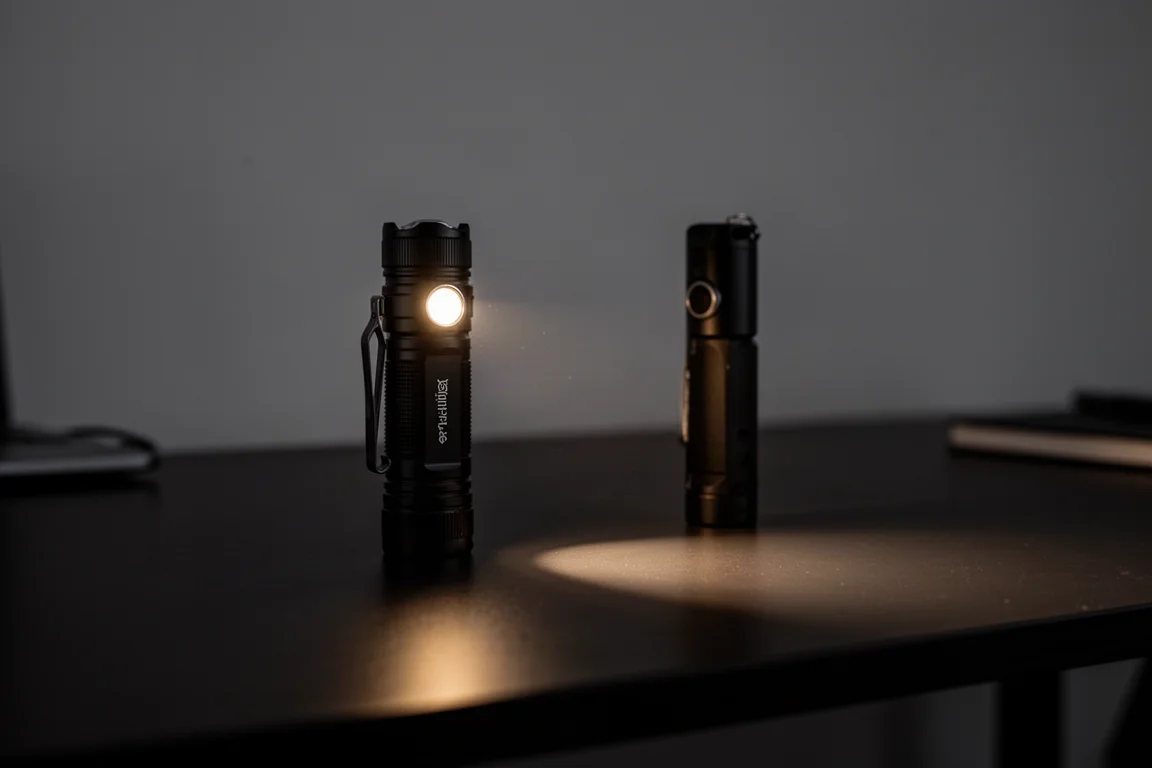 En kompakt ficklampa som kastar ett varmt ljus över ett skrivbord på natten