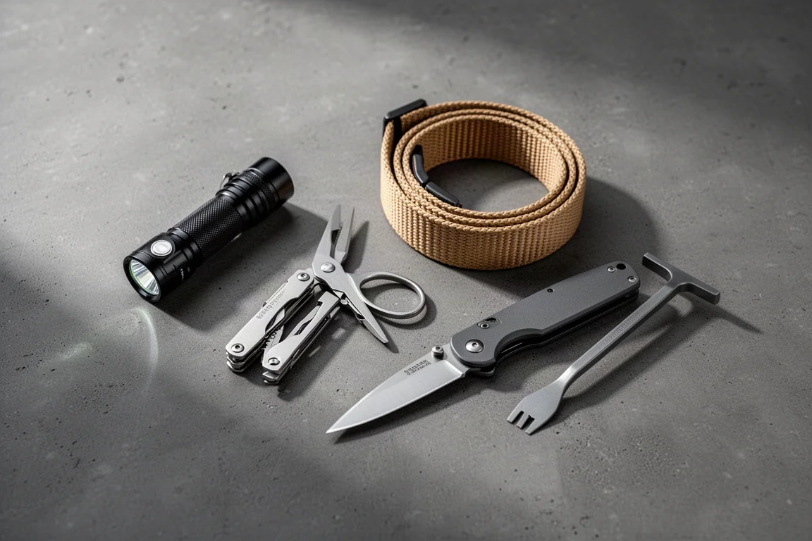 Composizione flat-lay di attrezzatura everyday carry con torcia, multitool, cintura e taglierino su cemento