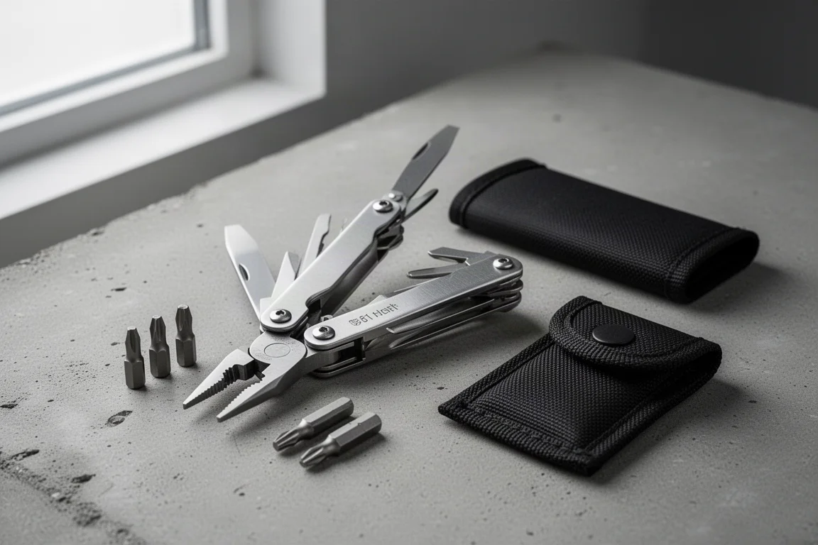 Multi-tool compatto con pinze aperte su una superficie di cemento accanto a un set di punte