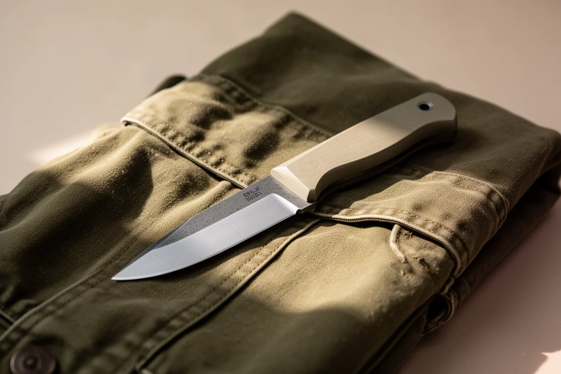 Piccolo coltello a lama fissa da collo appoggiato su una giacca di tela piegata