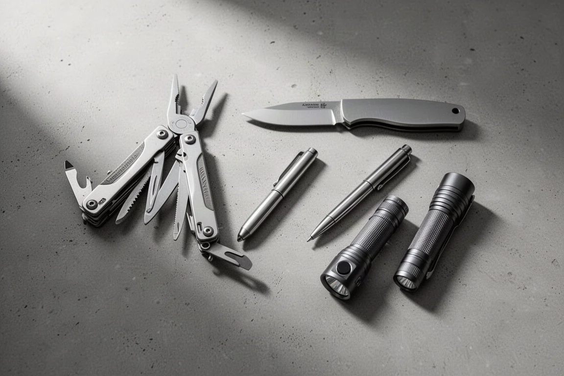 Flat-Lay mit Multitool, Messer, Stift und Taschenlampen auf Beton