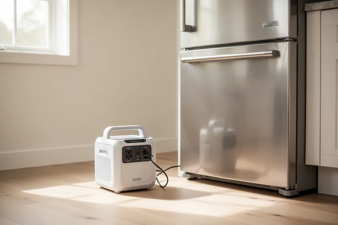 Kompakte tragbare Powerstation auf einem Holzboden neben einem Kühlschrank