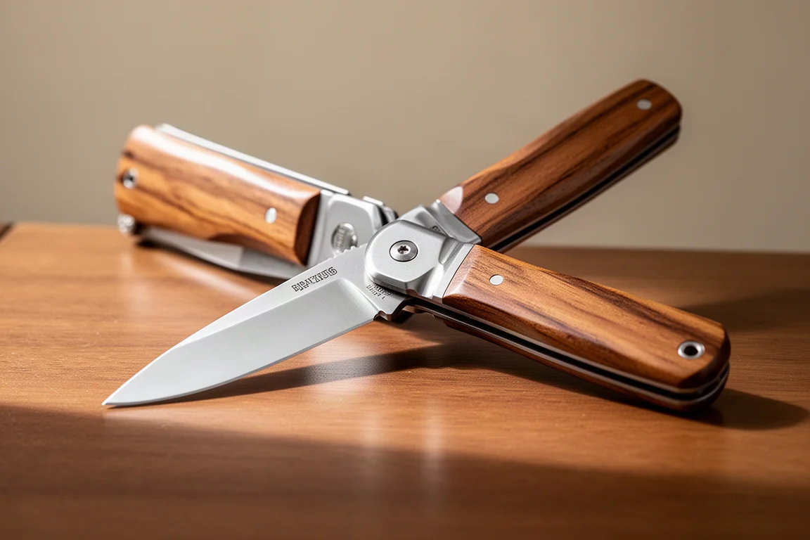 Klappmesser mit Holzgriffen, geöffnet auf einer Schreibtischplatte