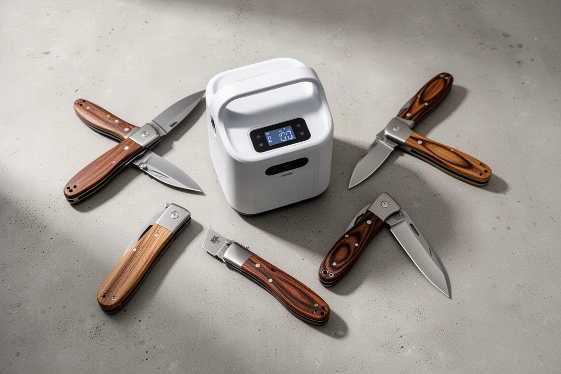 Portable power station and four folding knives arranged on a concrete surface