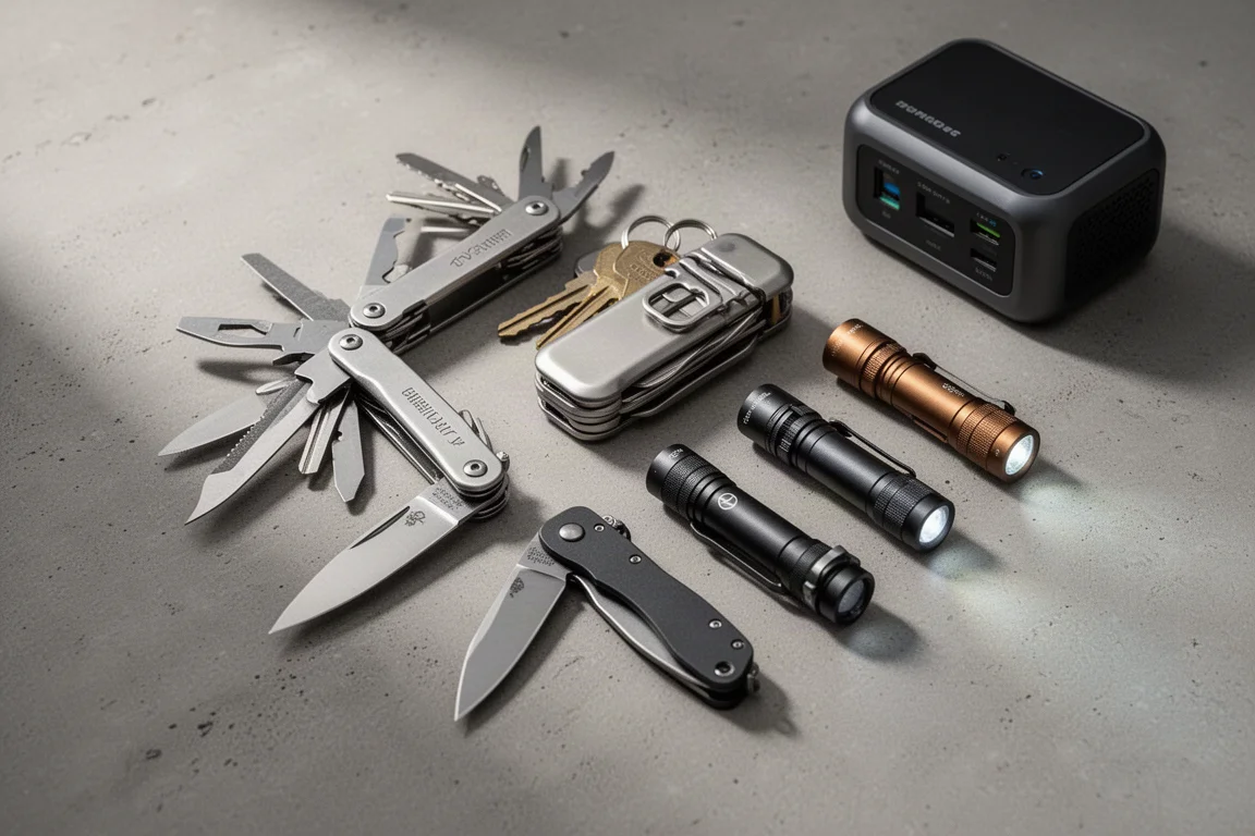 Attrezzatura everyday carry disposta in orizzontale su cemento: multi-tool, coltelli, torce e una power station