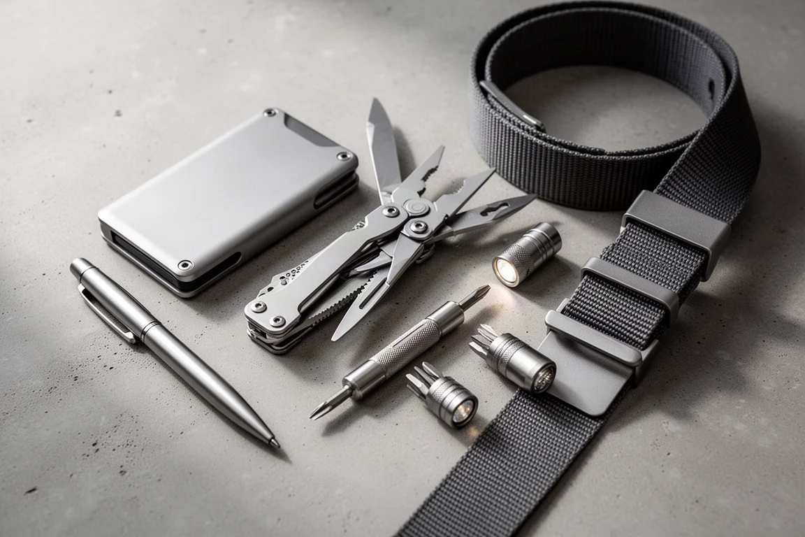 Flat lay of everyday carry items including wallet, pen, multi-tool, screwdriver and flashlights