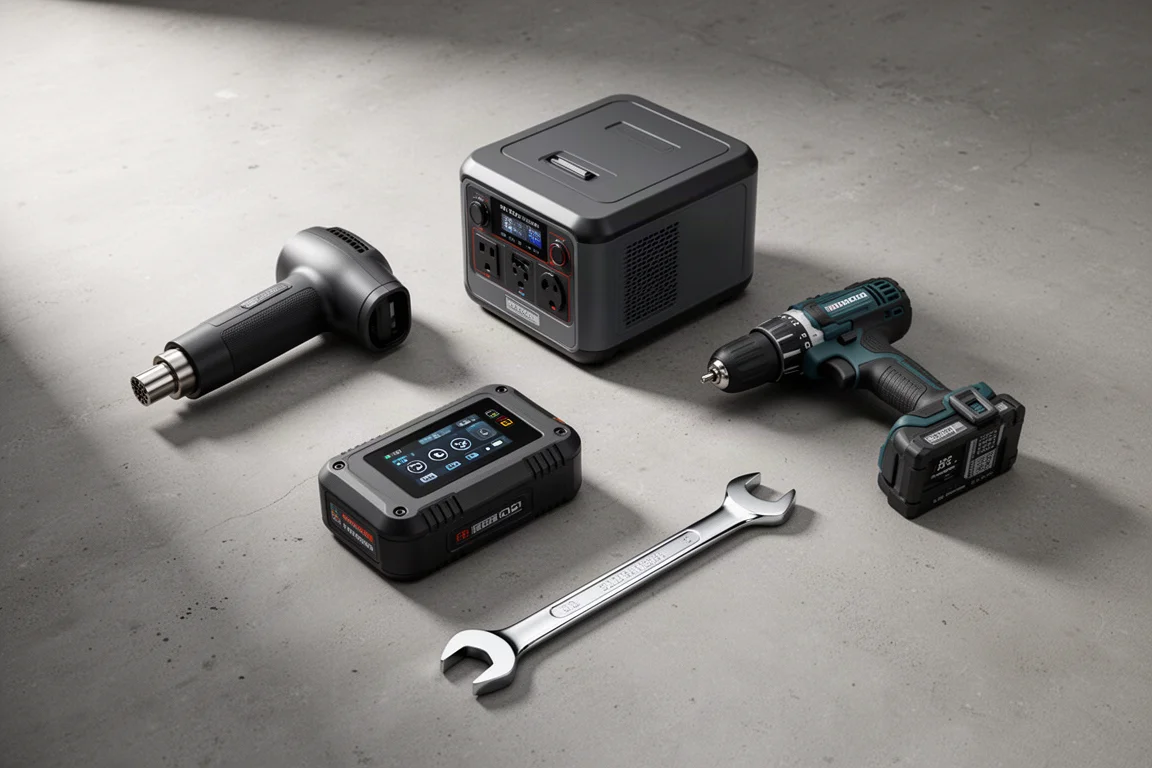 Flat-lay of assorted tools, a power station, and a handheld air blower on concrete