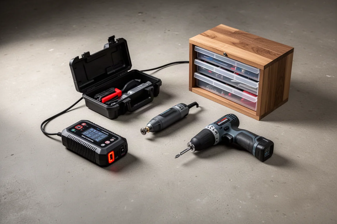 Flat-lay of DIY tools including a jump starter and rotary tool on concrete